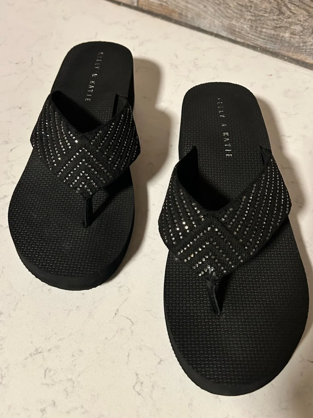 Kelly & Katie Black Wedge Flip Flop Thong Platform Sandal with Rhinestone Accent - Picture 12 of 16